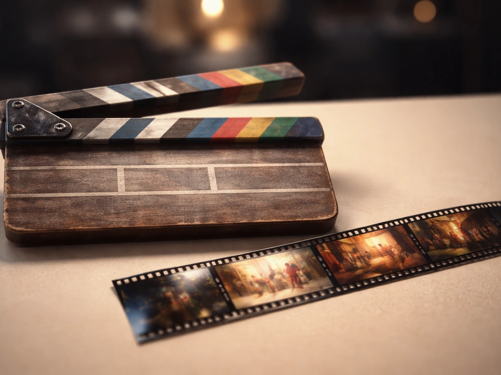 Minimal film-strip scene with a vintage clapboard and blurred movie stills suggesting classic live-action titles