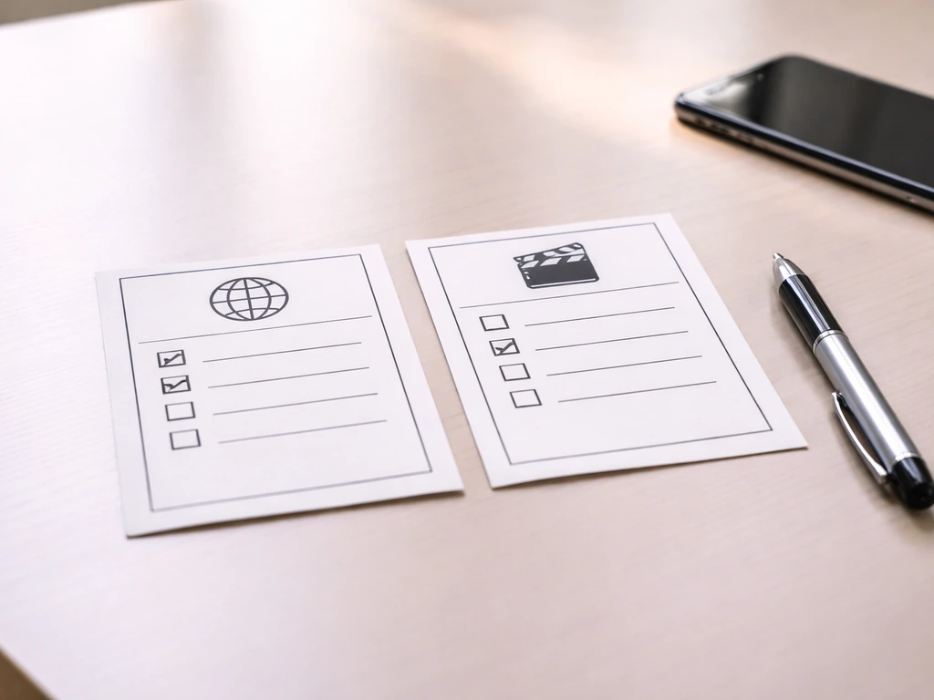 Minimal desk scene with two blank checklist cards and generic icons for verifying film credits.