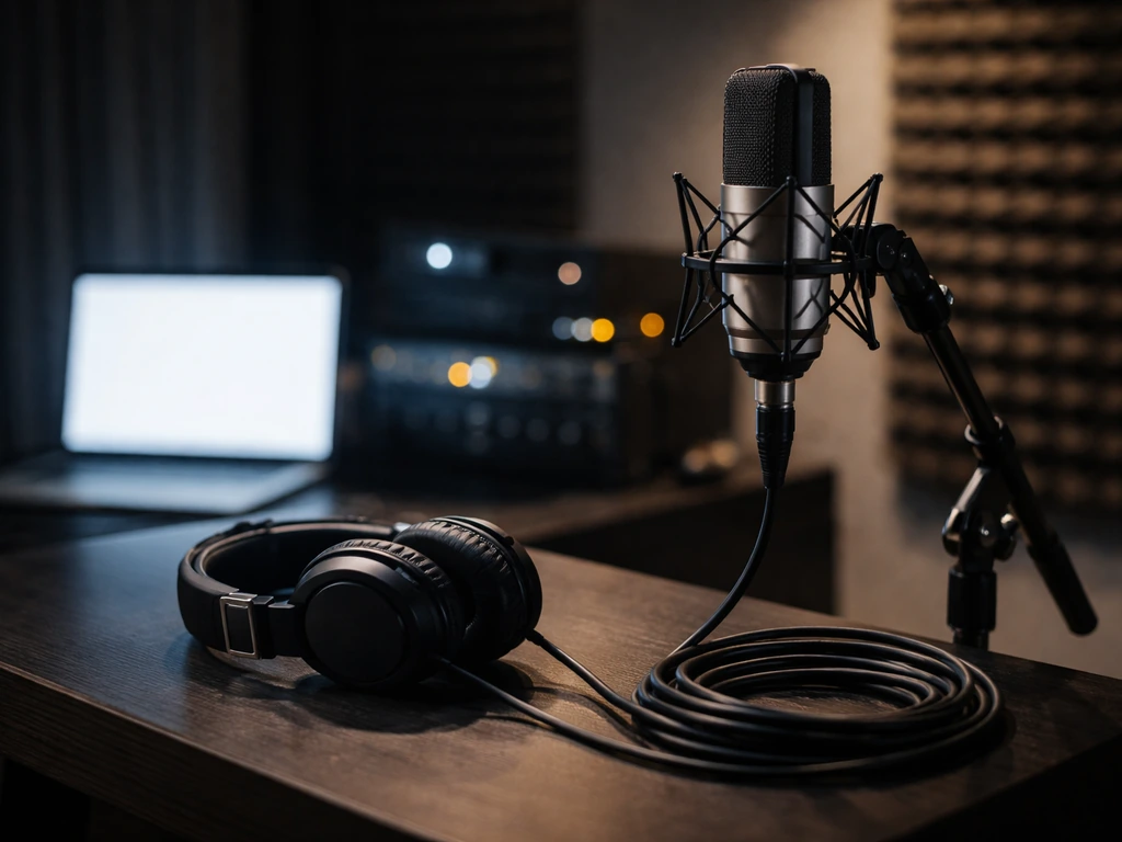 Studio microphone and headphones on a desk, symbolizing recorded music and streaming earnings in a minimalist setting.