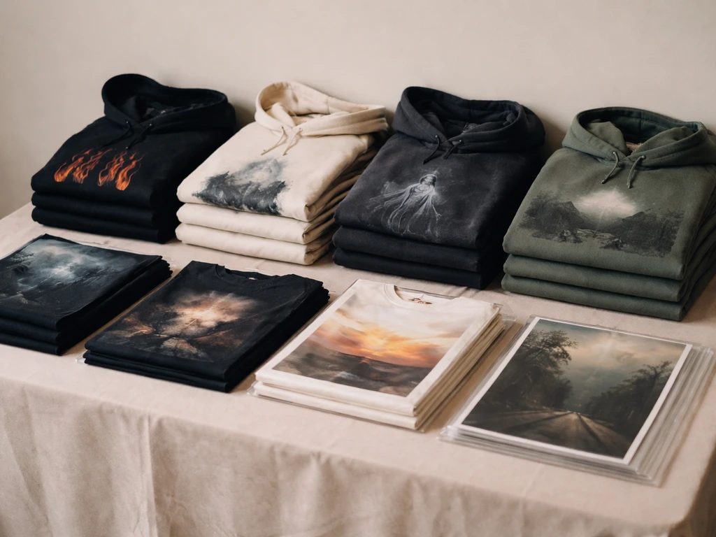 Minimal merch table with folded hoodies, t-shirts, and posters in plastic sleeves.