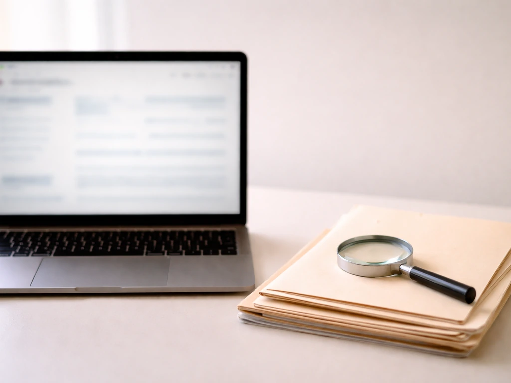 Minimal desk with blurred laptop headline shapes and a magnifying glass over documents to verify net worth claims
