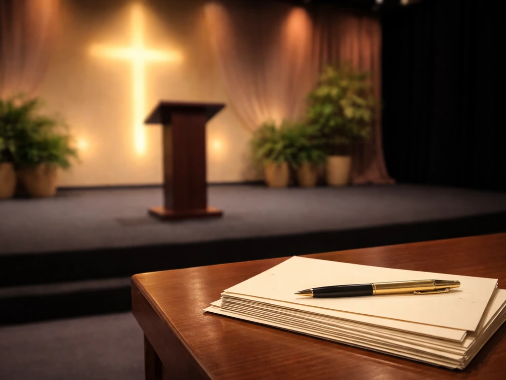 Empty televangelism-style studio with warm lights and a desk holding envelopes and a gold pen.
