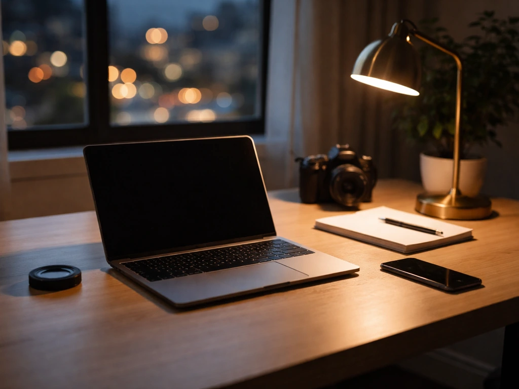 Minimal photo of a filmmaker-style desk with a laptop showing bokeh city lights, symbolizing media wealth