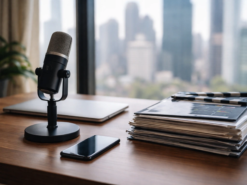 Minimal media office desk with microphone, laptop, and smartphone, symbolizing entertainment business finances.