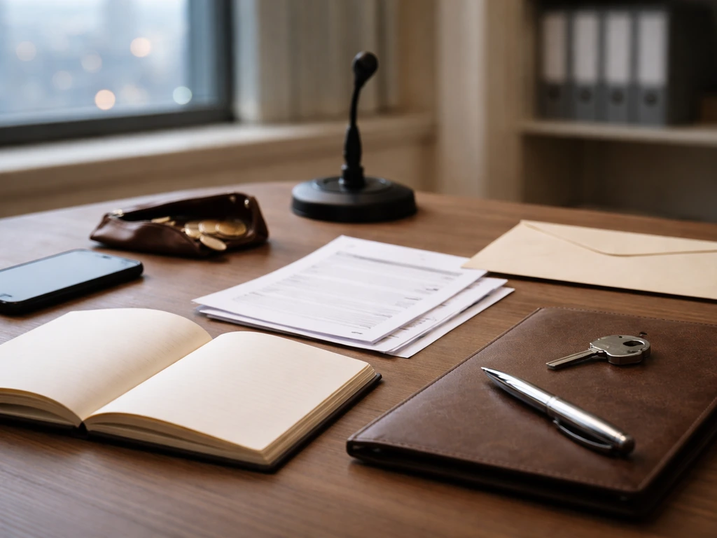 Minimal desk scene with blank papers, pen, key, coins, and envelope symbolizing net worth estimation sources.
