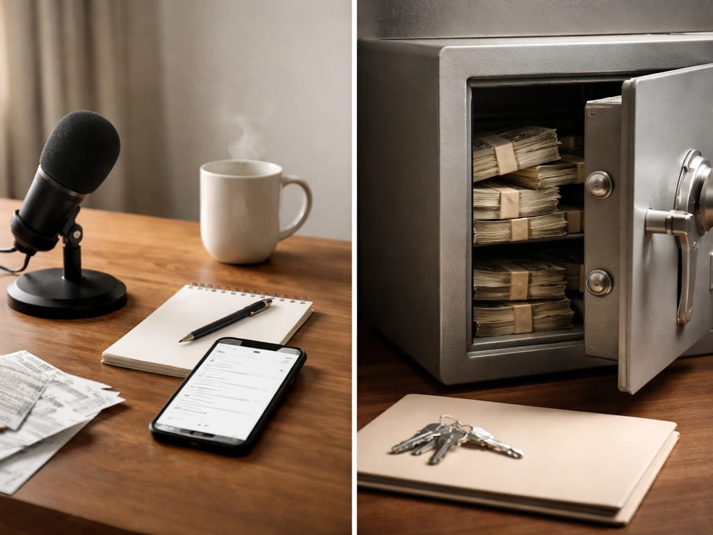 Minimal split scene showing a glowing cash-flow desk on one side and an asset-filled safe on the other