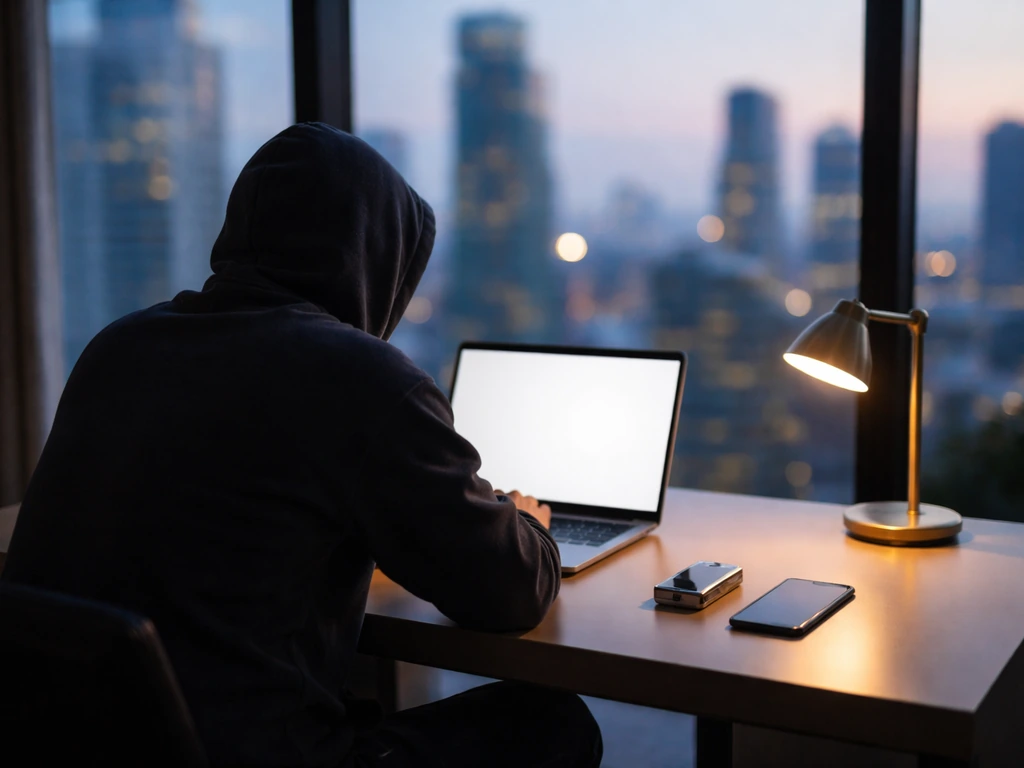 Anonymous person at a desk with a crypto hardware wallet and laptop in a modern finance office.