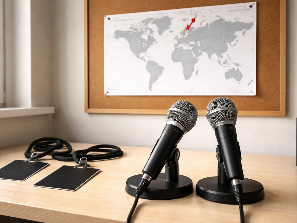 Minimal studio desk with microphones and a Norway pin marker on an unlabeled map sheet.