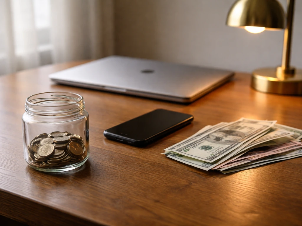 Minimal desk scene with coins and banknotes beside a closed laptop, symbolizing estimated net worth.