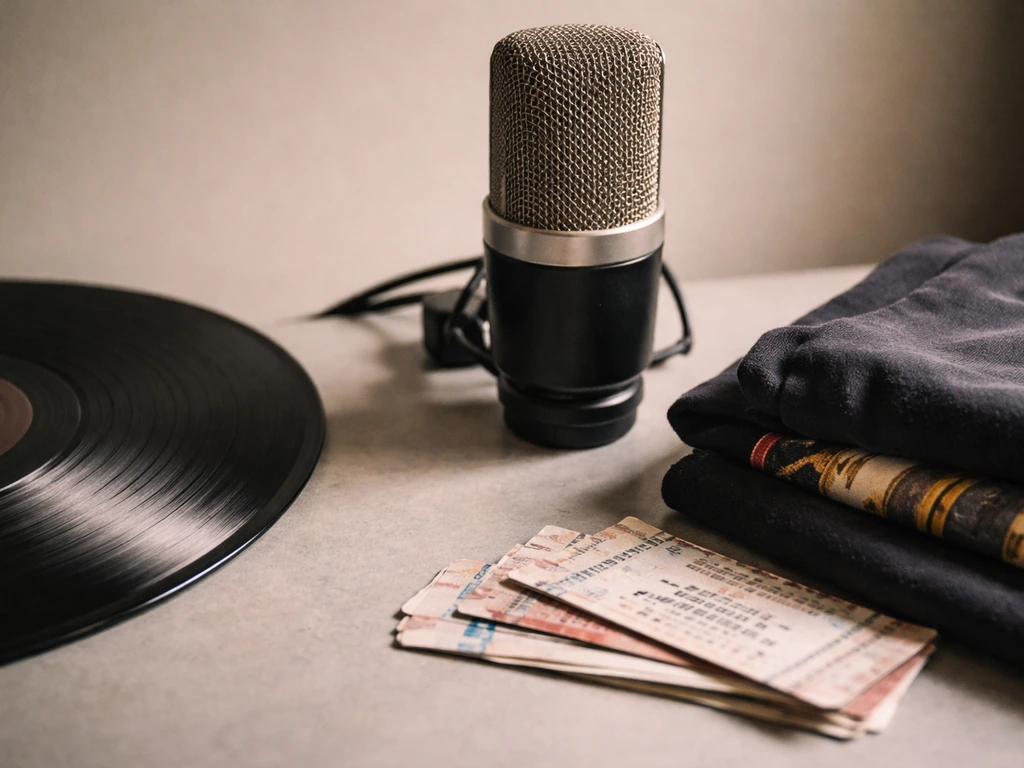Close-up of vinyl, a studio microphone, and concert items on a desk suggesting music royalties.