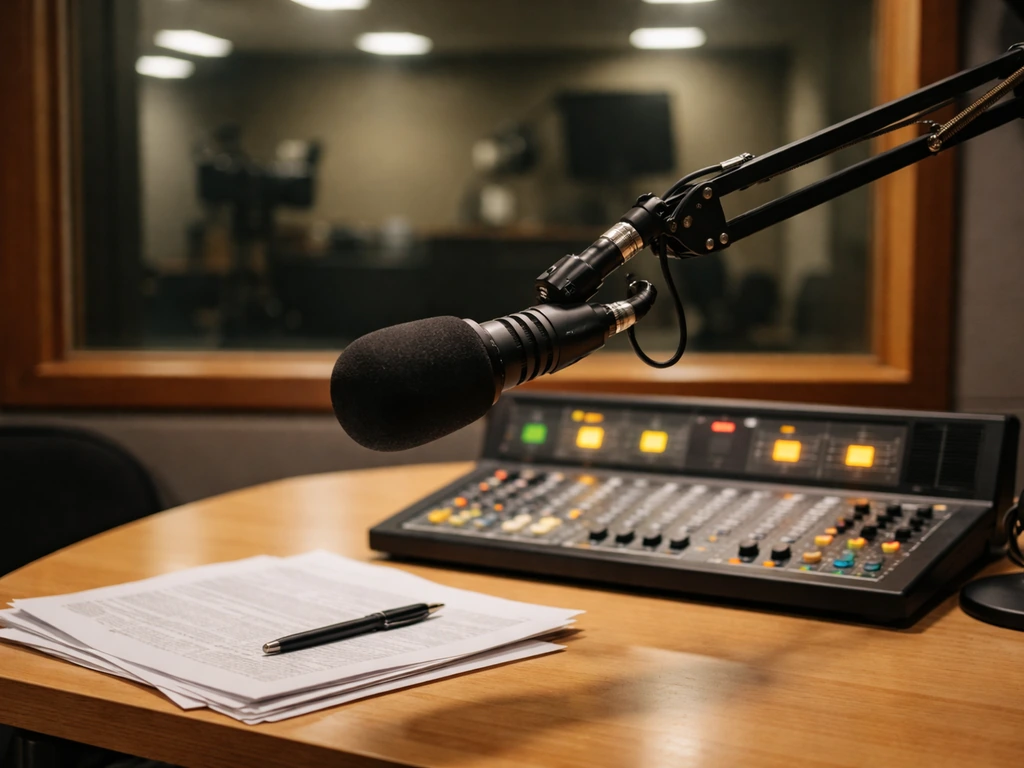 Unbranded radio studio scene with a microphone and softly lit newsroom equipment, suggesting media wealth.