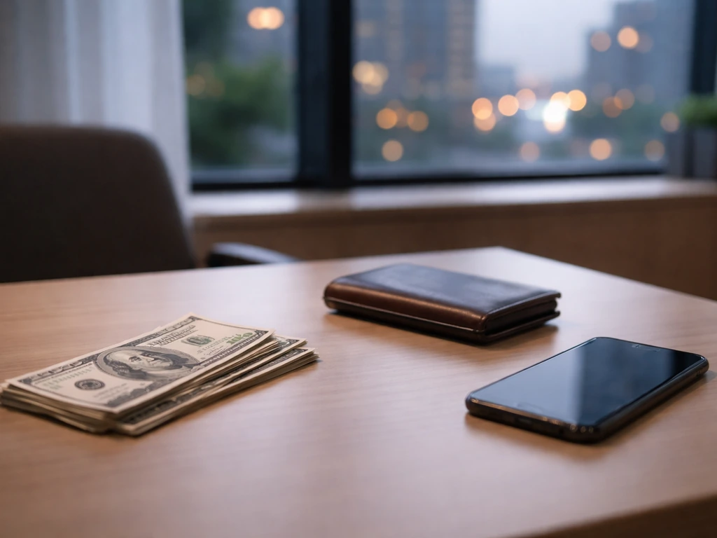 Minimal office desk with scattered cash and a smartphone showing a blank media screen, symbolizing unverifiable claims.
