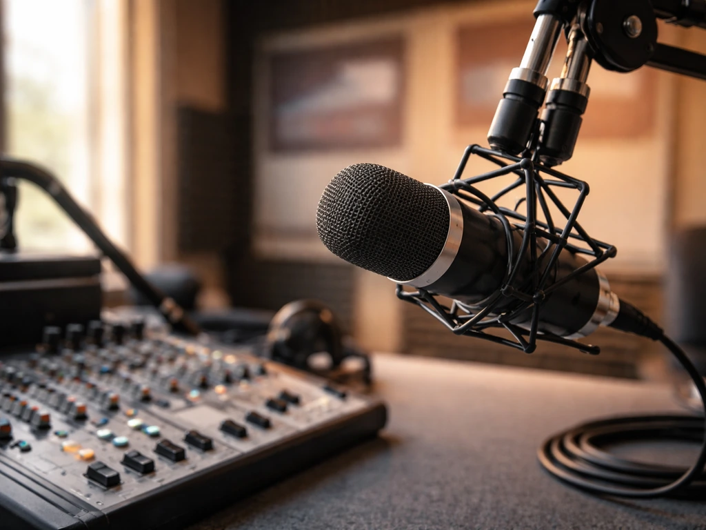 Close-up of a talk-radio studio mic and mixing desk in a clean, branded broadcast setting.
