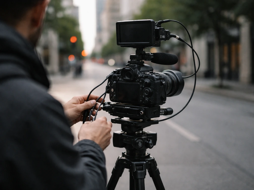 Documentary TV filming scene showing a camera rig and crew hands adjusting cables on location.