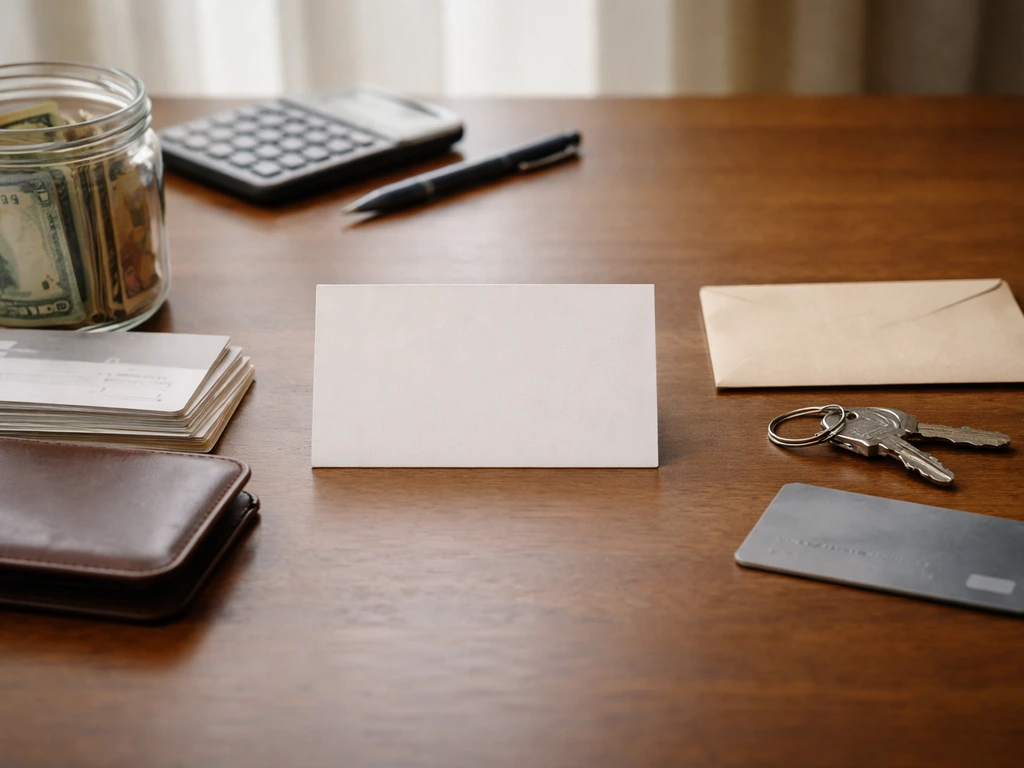 Minimal desk photo with cash and wallet on one side and bills/envelope and keys on the other.
