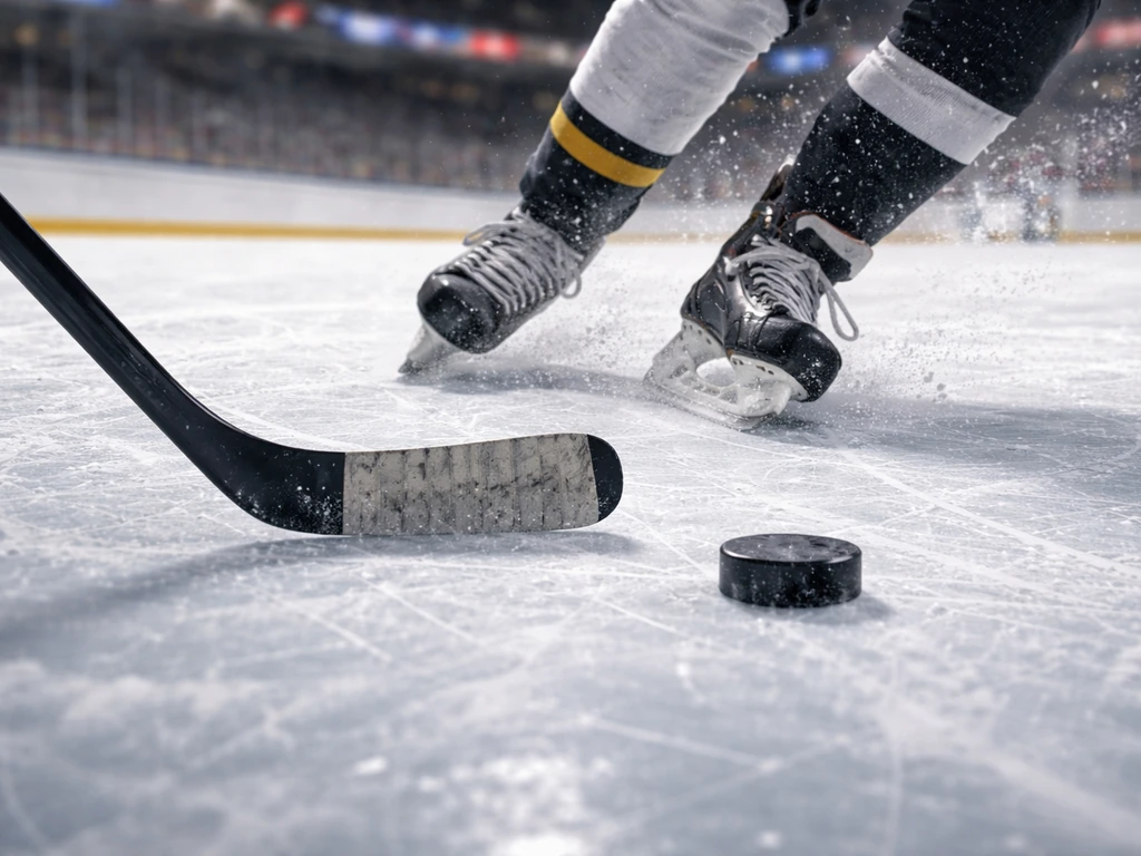 Ice hockey rink scene with skates and hockey stick on the ice, no identifiable player, minimal background.