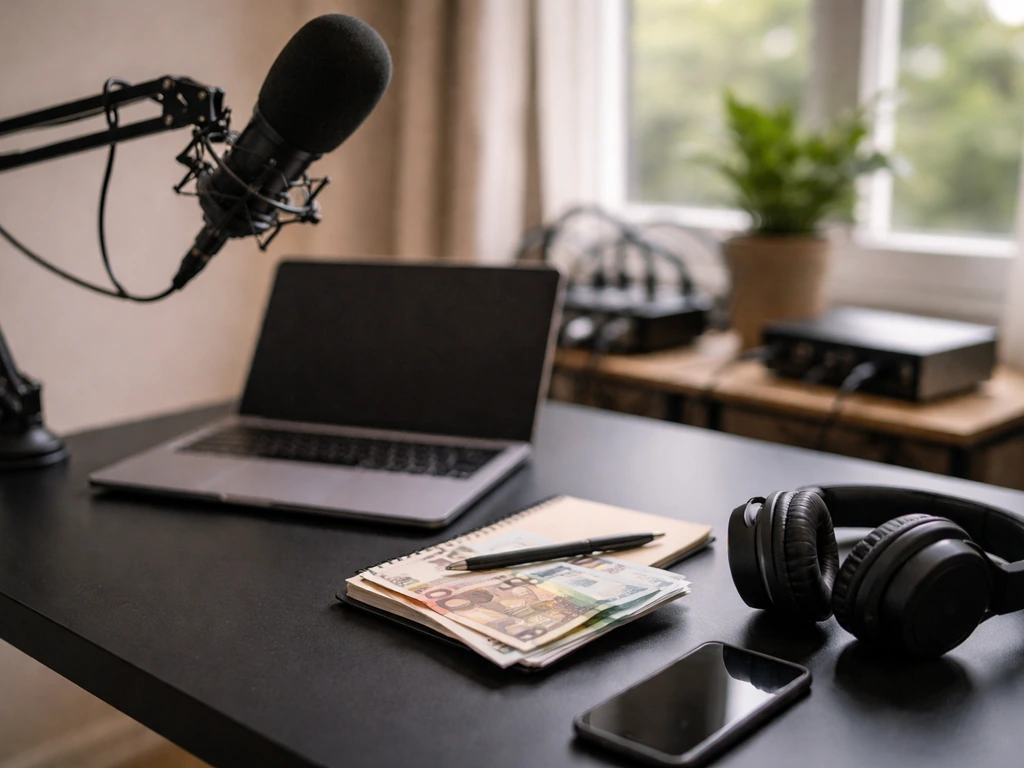 Minimal home-studio desk with microphone and euros, symbolizing independent creative income.