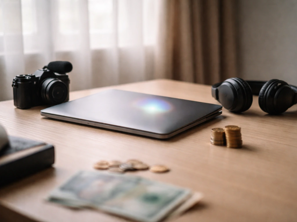 Minimal desk scene with laptop, video gear, and scattered coins suggesting an estimated net worth from online media.