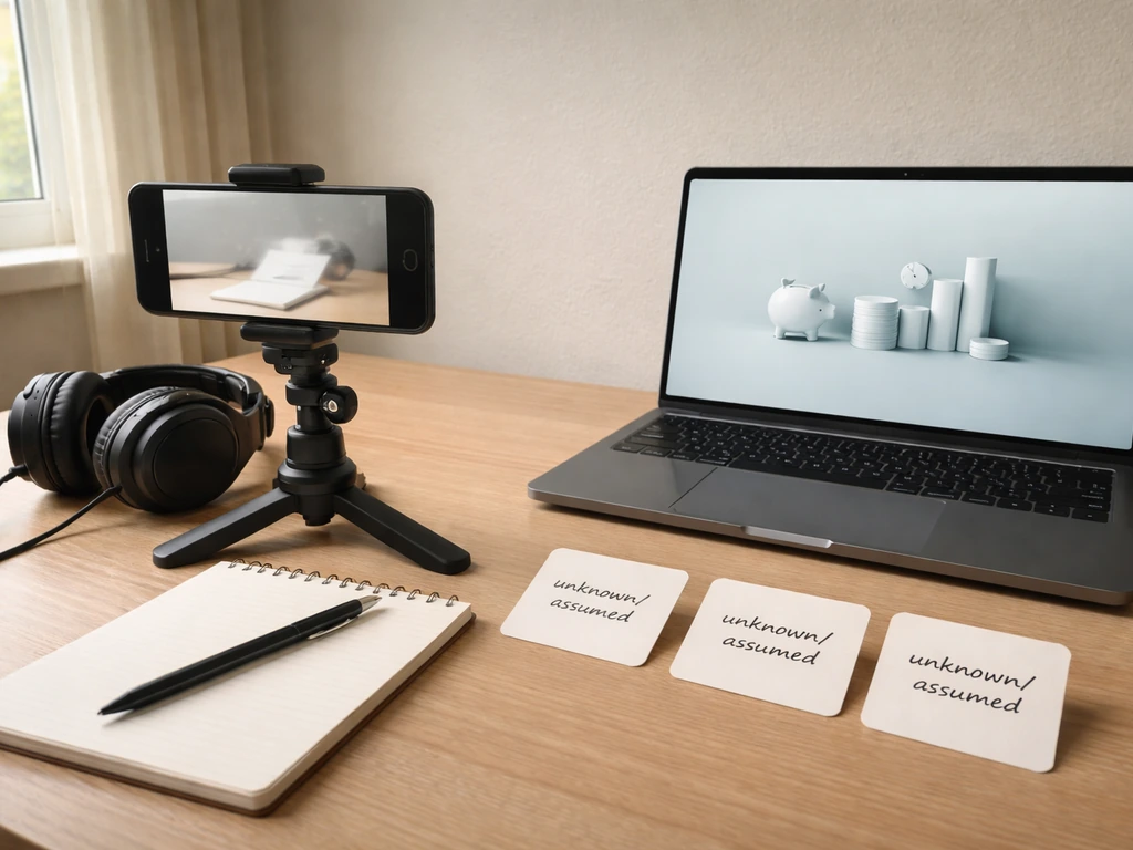 Minimal desk setup with phone rig, studio gear, and small “unknown/assumed” cards for asset signals.