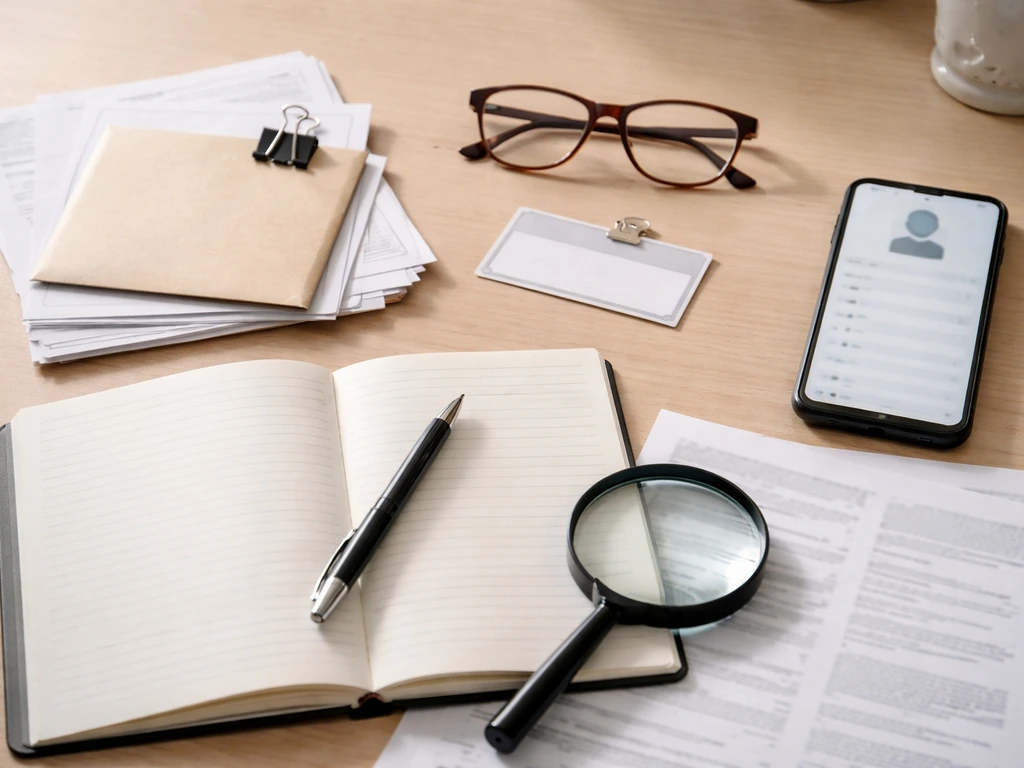 Minimal desk scene with notebook, phone, magnifying glass, and papers suggesting a net-worth verification checklist.