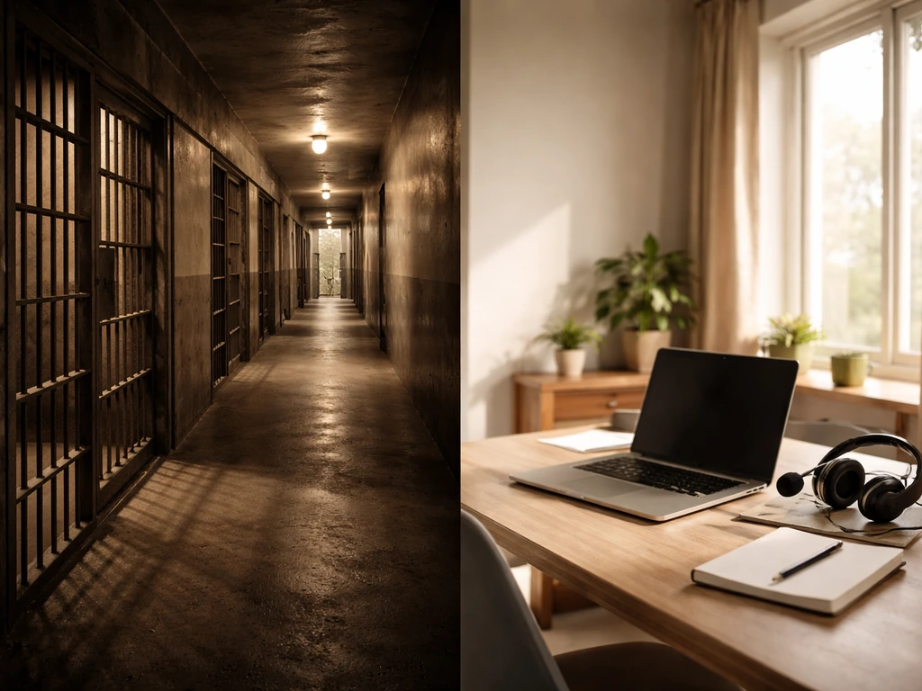 Split-style sequence photo: vintage prison hallway fading into a modern entrepreneur’s workspace