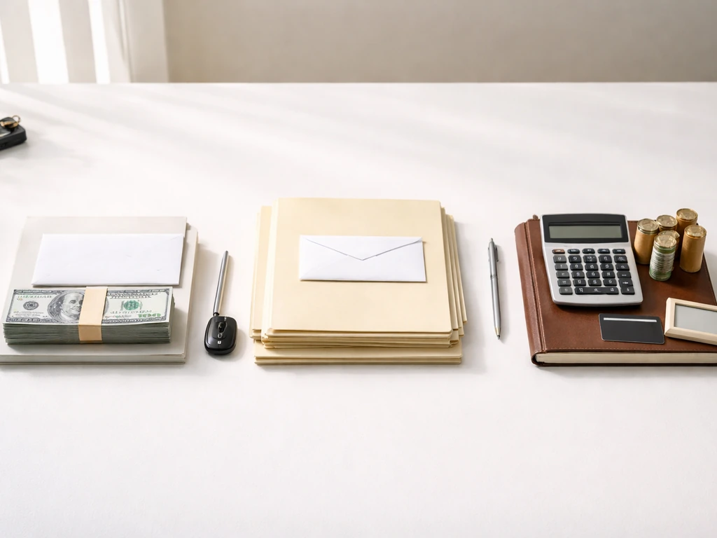 Minimal desk scene with three separated stacks representing income, liabilities, and assets using blank documents and co