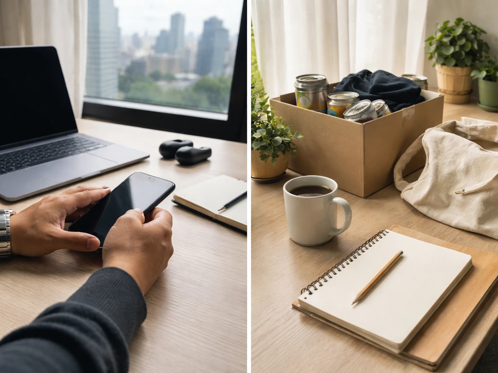 Split desk photo: luxury-tech vibe on one side and social-impact workspace on the other.