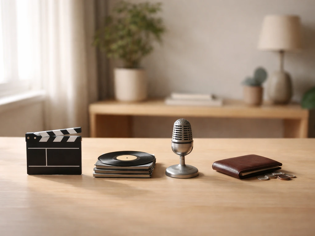 Minimal desk scene with clapperboard, media disc, microphone, and coins symbolizing net worth estimate inputs.