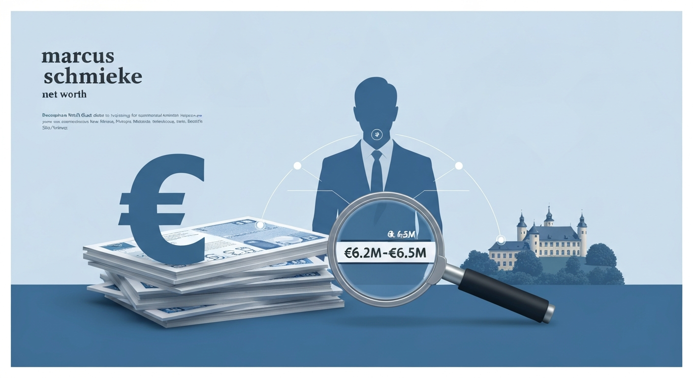 Stylized editorial illustration showing documents, a Euro symbol, magnifying glass and a neutral silhouette with a small castle in the background, representing a net-worth analysis of Marcus Schmieke.