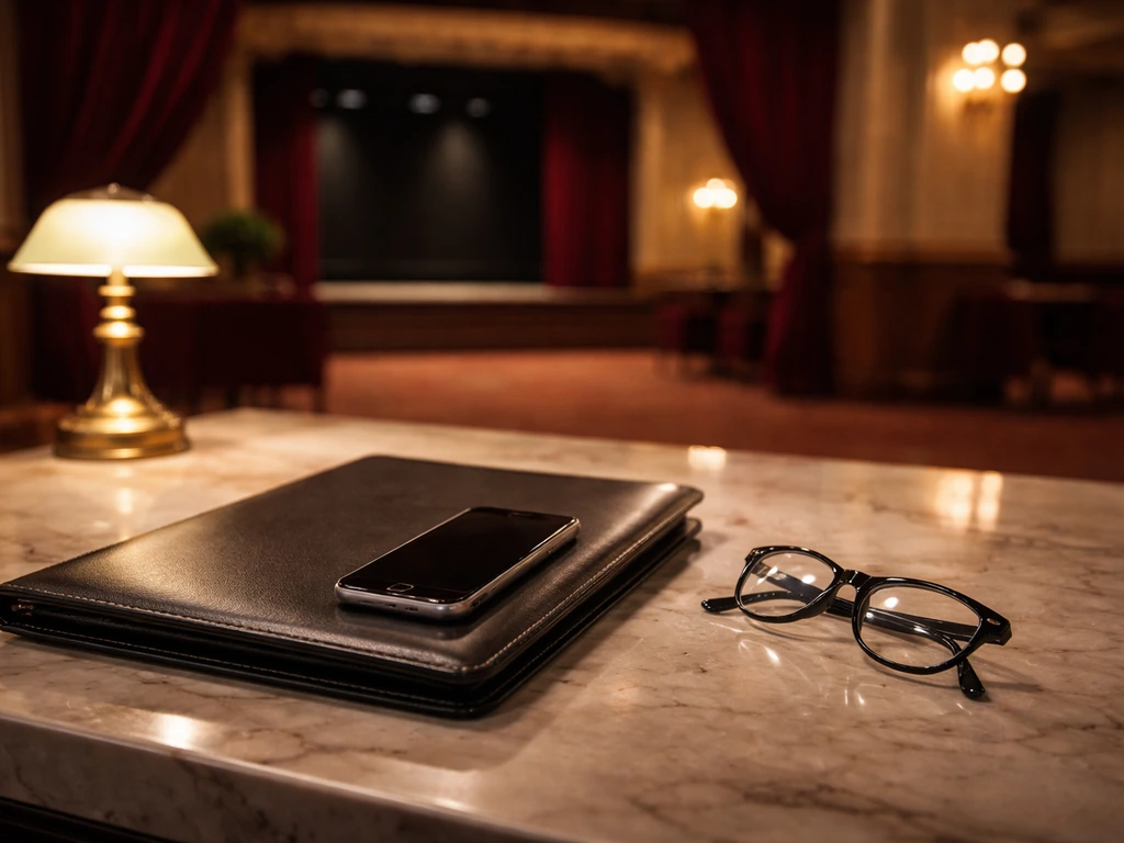 Empty elegant theater lobby with warm lights; business portfolio and glasses on a desk surface.