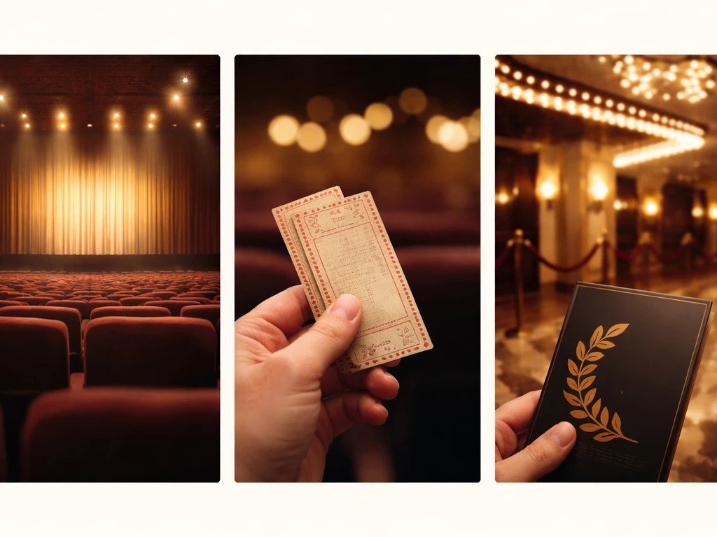 Minimal collage of a theater interior, ticket stub, and lobby to signal the theater-linked Greg Marcus.