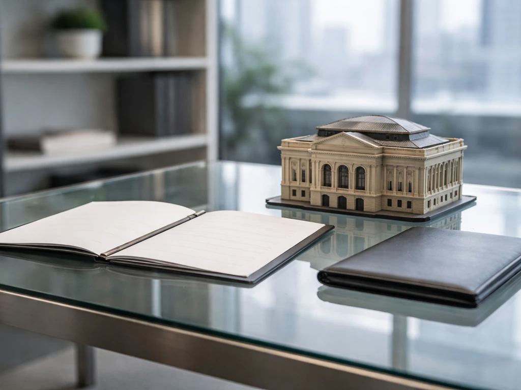Quiet office scene with a model theater and corporate documents, symbolizing business ownership and net worth drivers.