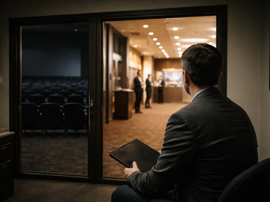 Anonymous theater executive in a lobby with a dark, empty auditorium view contrasted by warm reopening lighting.
