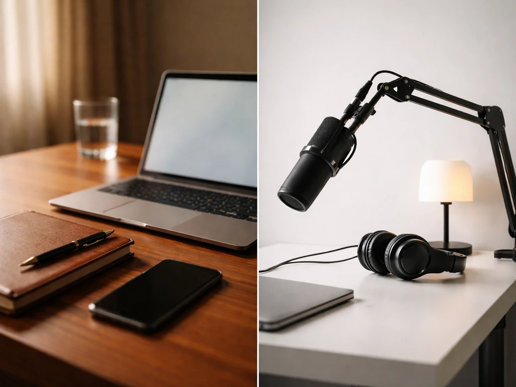 Minimal split scene symbolizing two possible identities for Vincent Marcus, using office and studio settings
