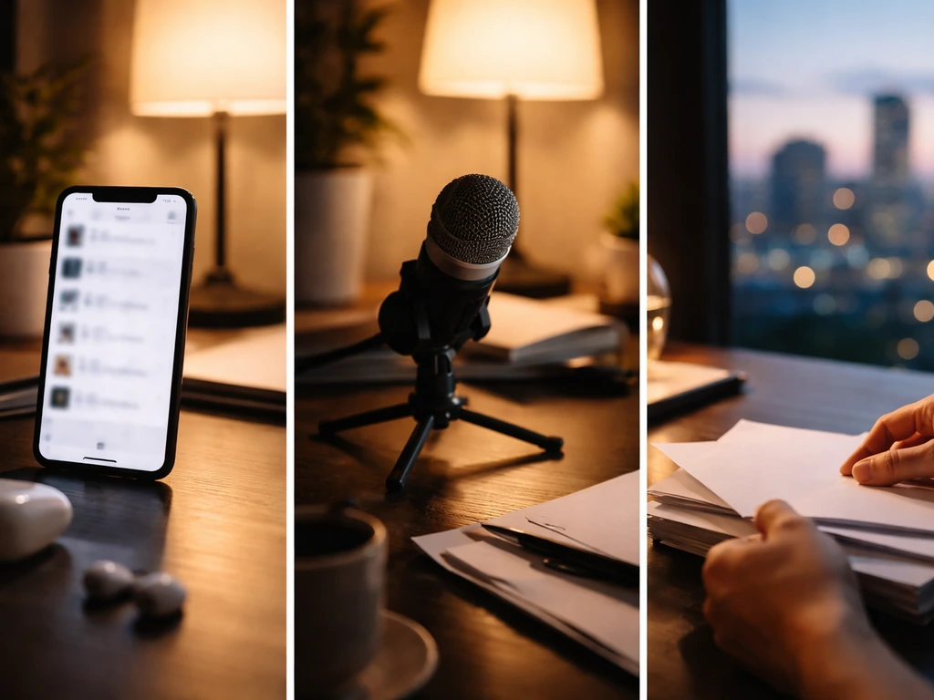 Minimal desk scene with blurred phone, studio mic, and city bokeh implying online net worth research.