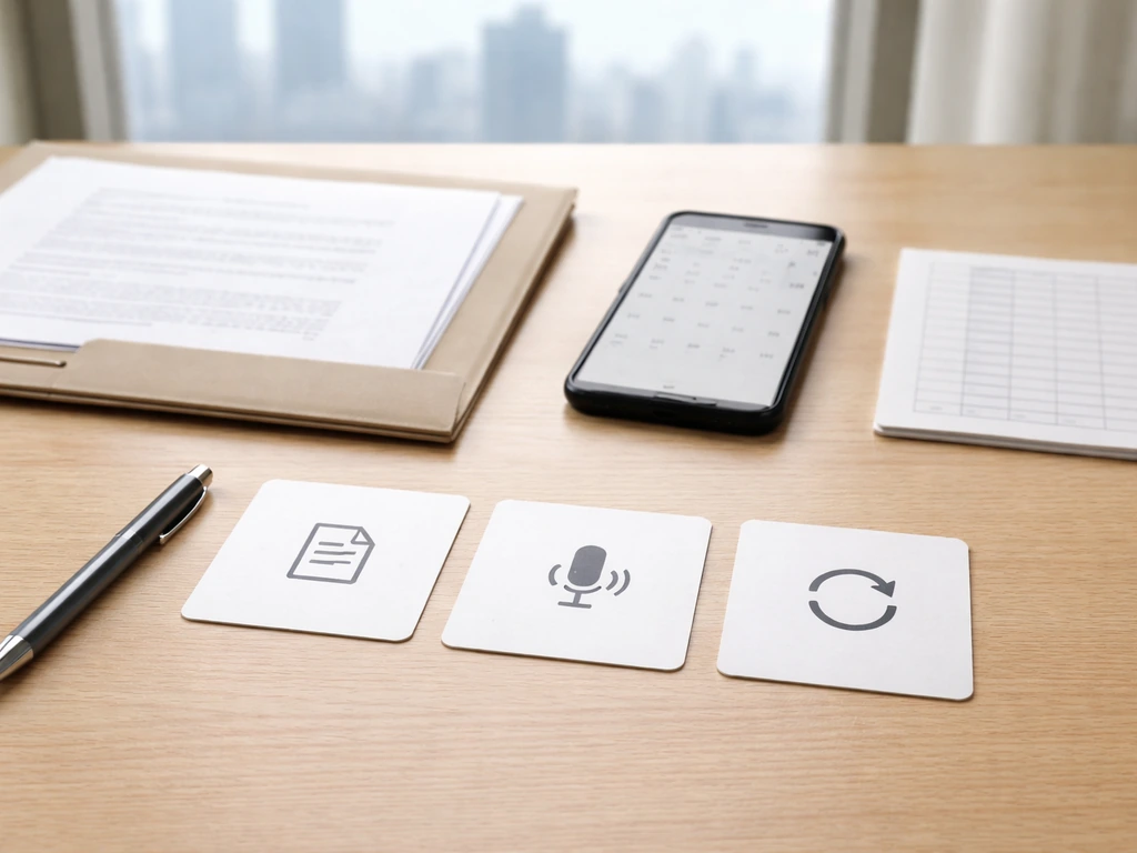 Minimal desk setup with blank verification cards, official documents, and spreadsheet-style page, no text.