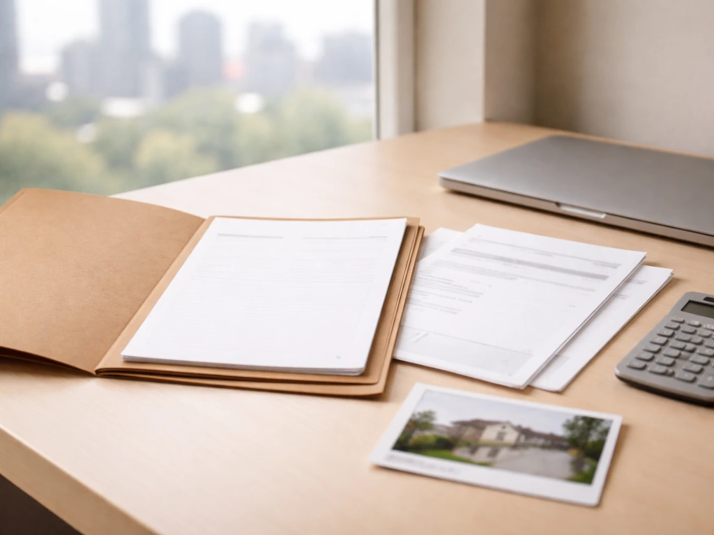 Desk items representing income and assets: folder of documents, investment papers, and a property card.