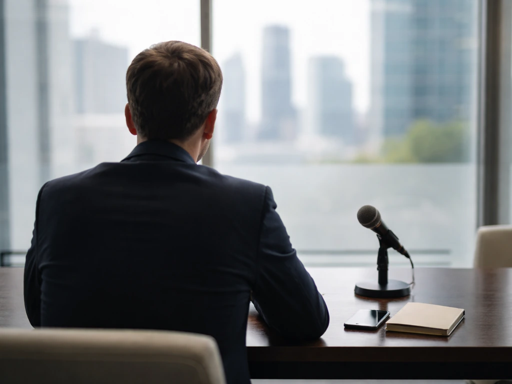 Minimal business scene with anonymous silhouette near a desk, referencing finance and media disambiguation