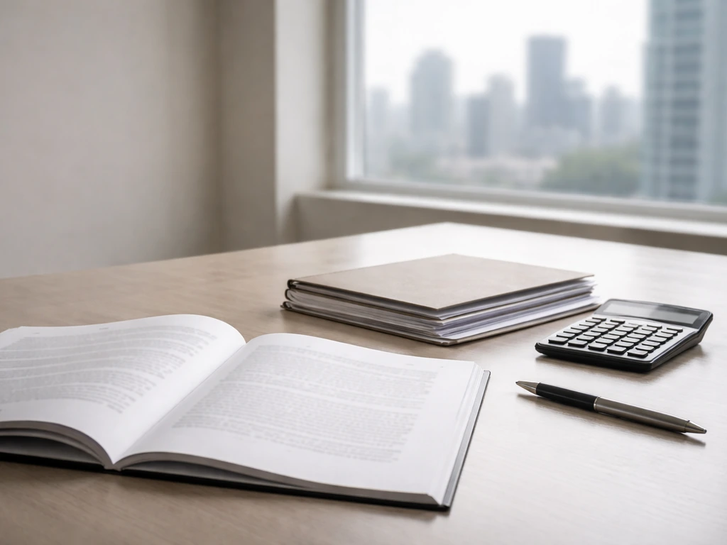 Open annual report on a desk beside a calculator and investment portfolio papers, symbolic of net worth estimation.