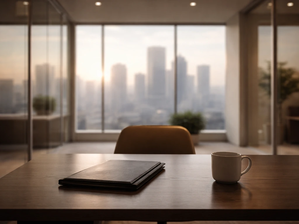 Quiet modern financial office interior with large windows and subtle luxury atmosphere, symbolizing Lazard advisory work
