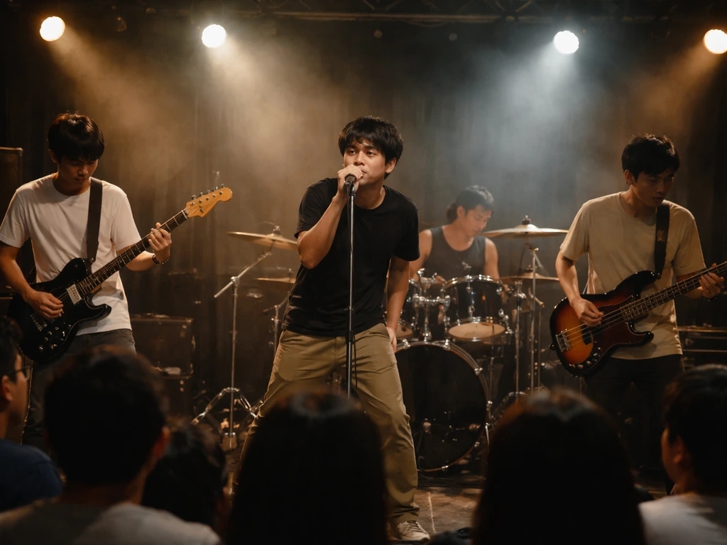 Anonymous rock band performing live on a small stage with soft lights and a blurred audience foreground.