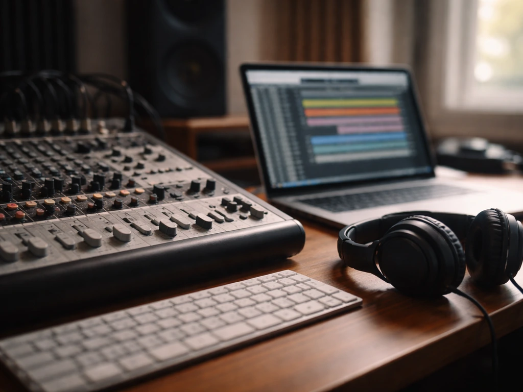Minimal studio scene with a music producer’s laptop and mixing console, symbolizing a label deal era