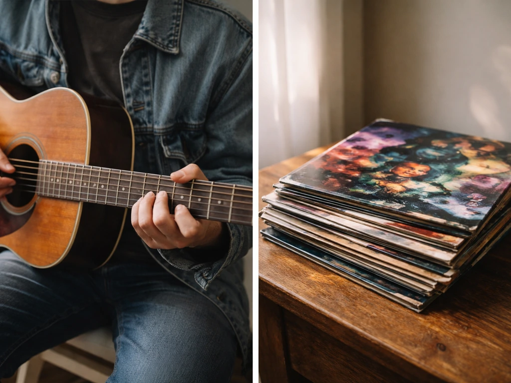 Close-up guitar in hand beside stacked Eraserheads-style records, suggesting live performance and catalog royalties