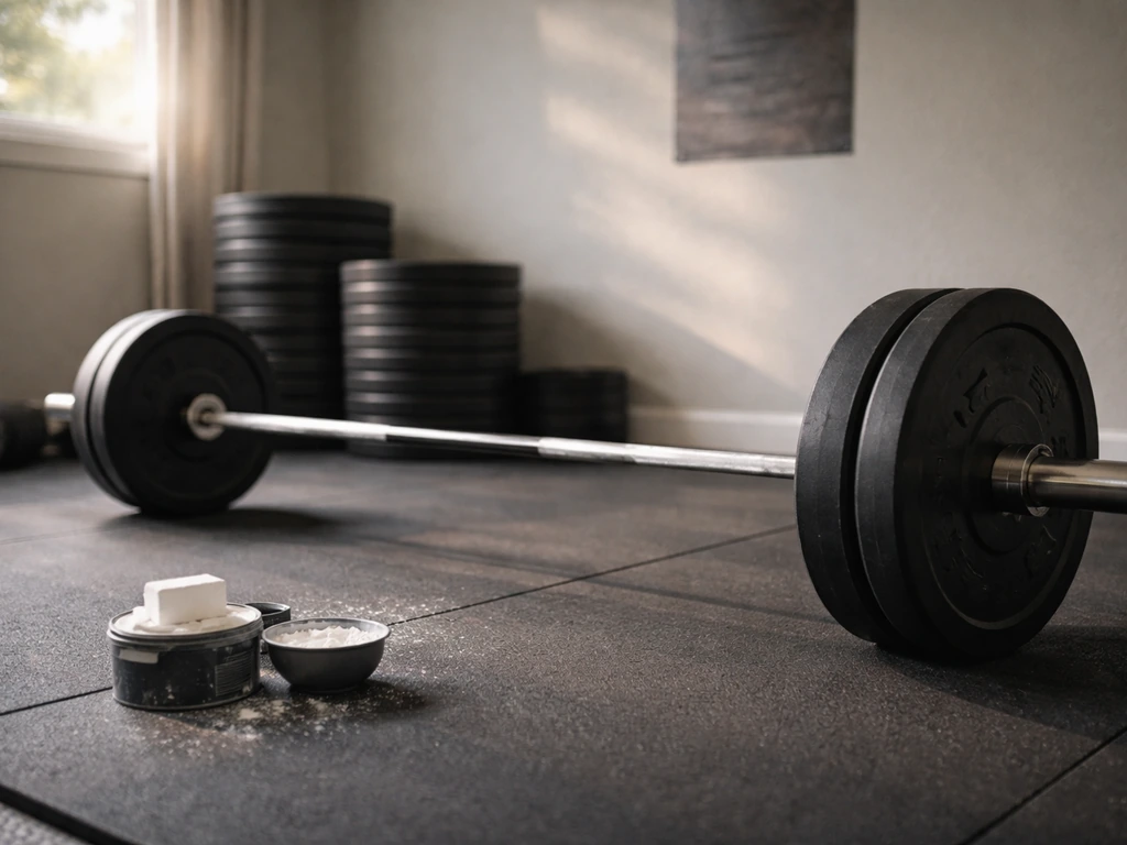 Unbranded barbell and weight plates in a quiet home gym studio, symbolic fitness context.