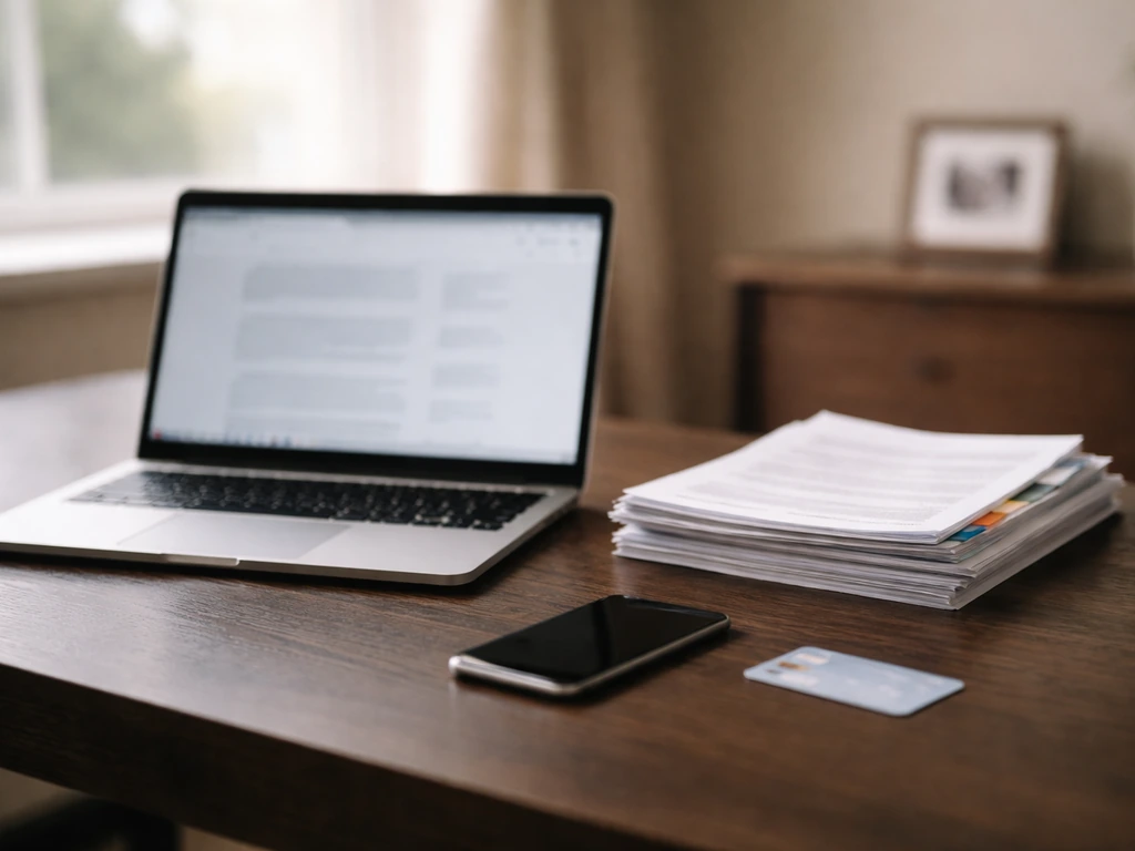 Minimal home office desk with laptop, documents, and credit card symbolizing evidence-based financial research.