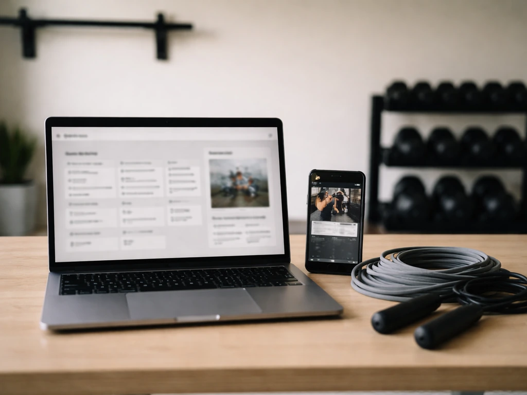 Minimal home gym desk with laptop and smartphone showing generic workout program thumbnails, plus resistance band and du
