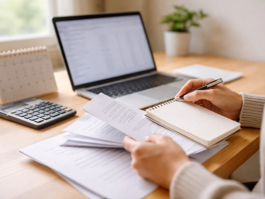 Person in a quiet office reviewing documents and a calendar beside a laptop for updating an estimate