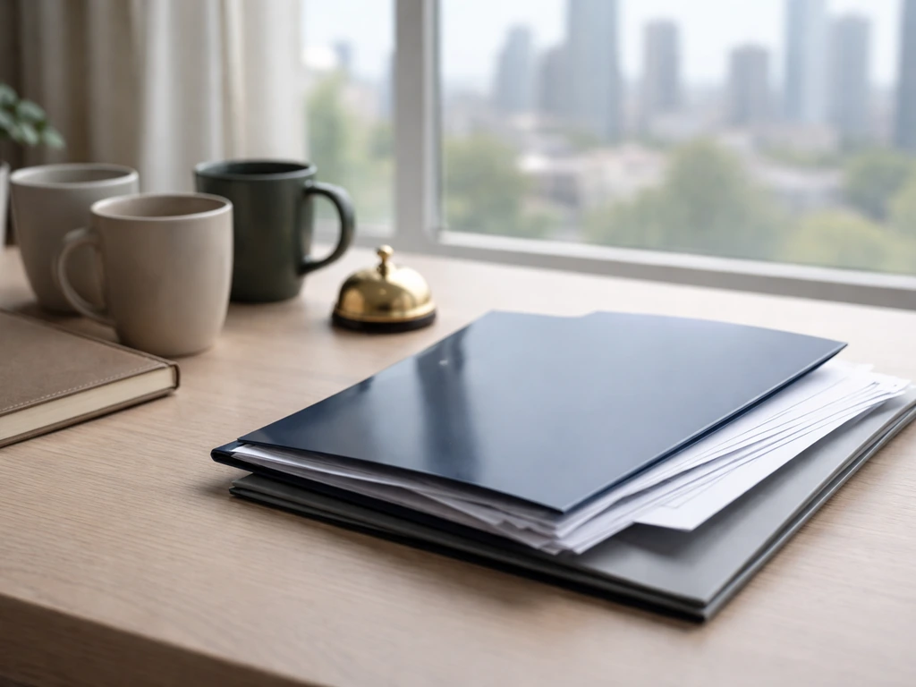 Minimal desk with stacked folders and out-of-focus papers suggesting multiple net worth sources and ranges.