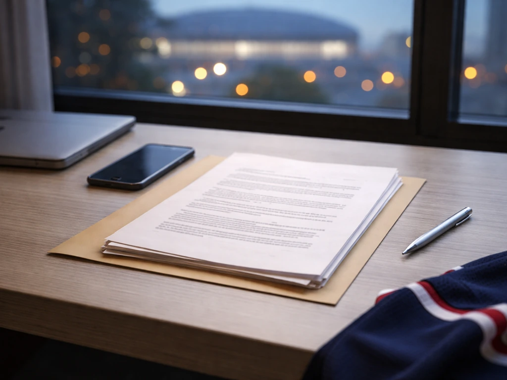 Minimal desk scene with an NHL-style salary concept—keyboard, contract folder, and blurred city lights