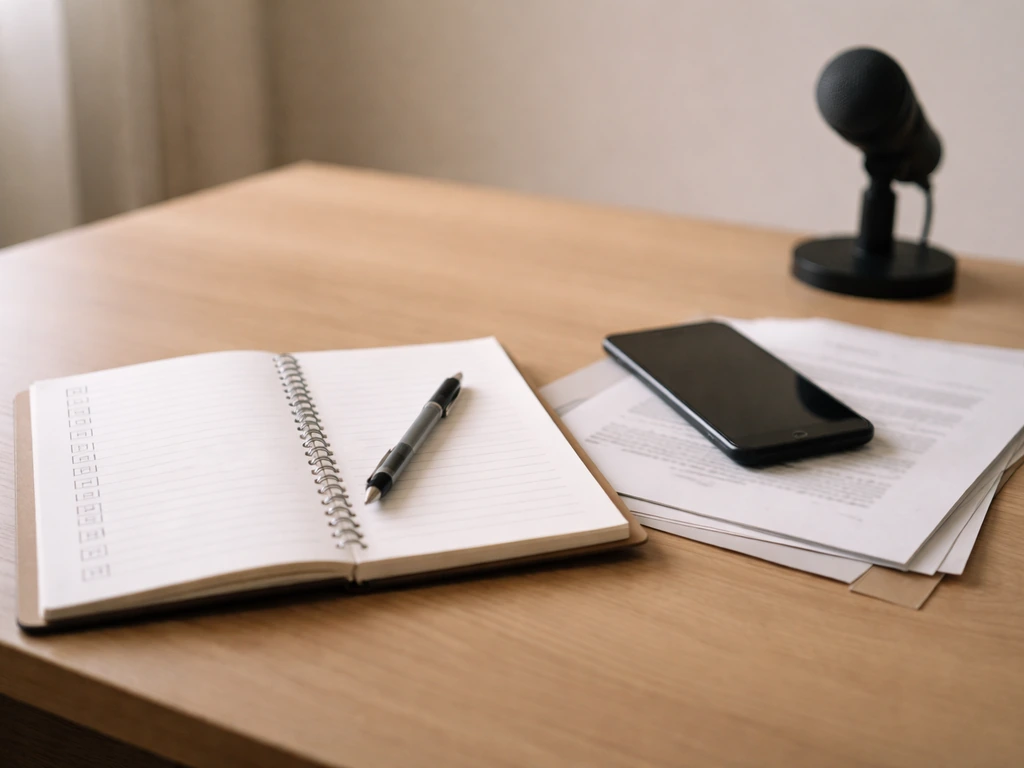 Close-up of a notebook checklist with a smartphone, pen, and contract documents on a clean desk
